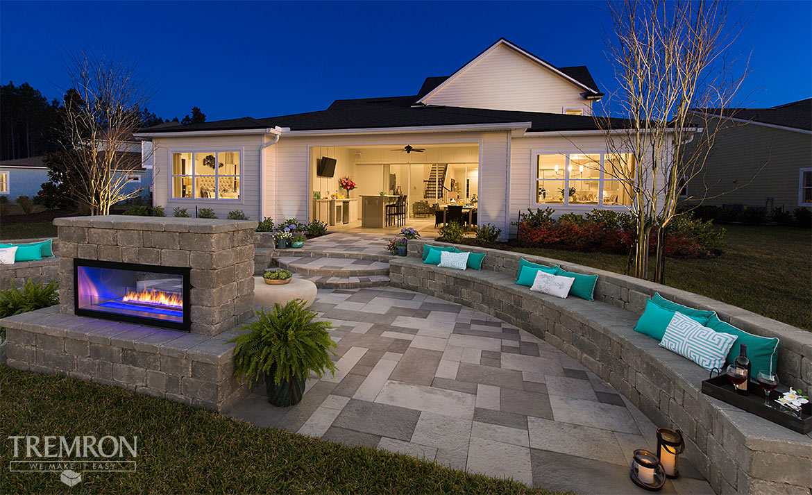 Cloisters Pavers, Stonegate Seating Wall and Fireplace